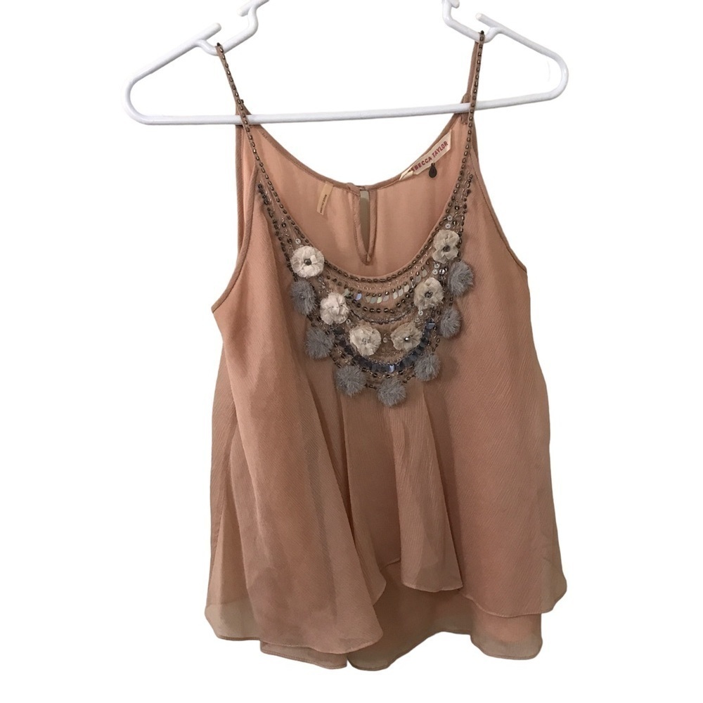 Rebecca Taylor Silk chiffon boho flowy tank with sequin and rose neck trim 4